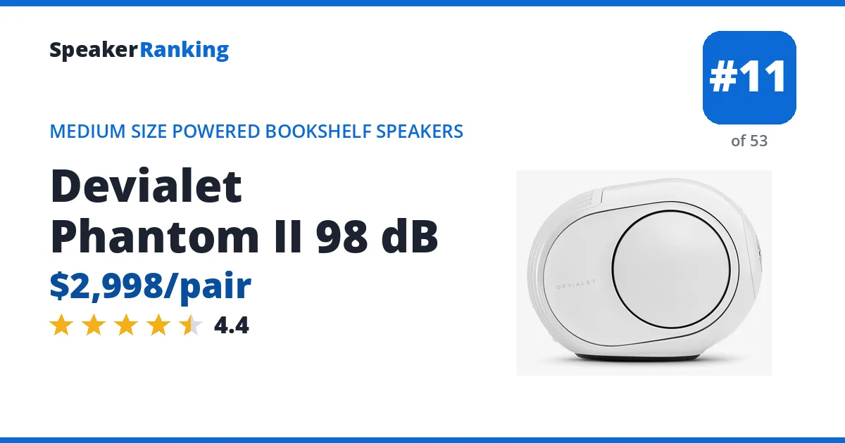Devialet Phantom II 98 dB - ranked #11 of 53 Medium Size Powered Bookshelf Speakers · Editor's rating 4.4/5