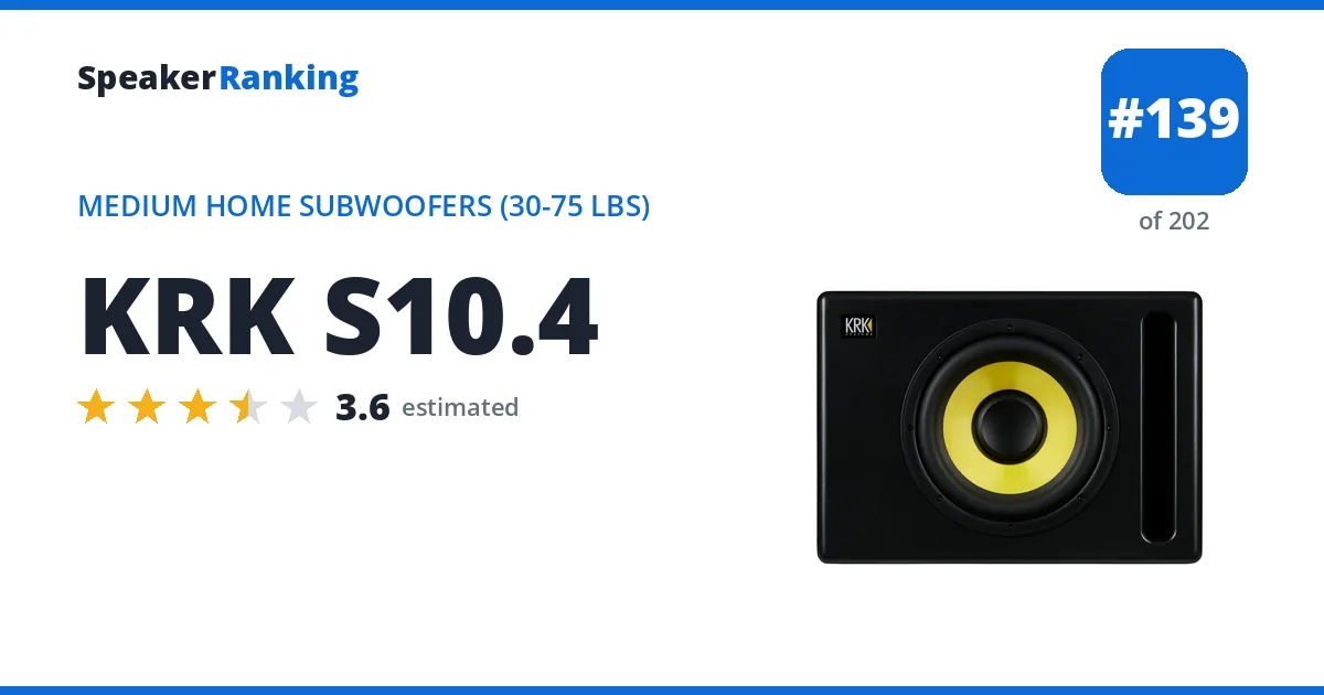 KRK S10.4 - ranked #139 of 202 Medium Home Subwoofers (30-75 lbs) · Editor's rating 3.6/5