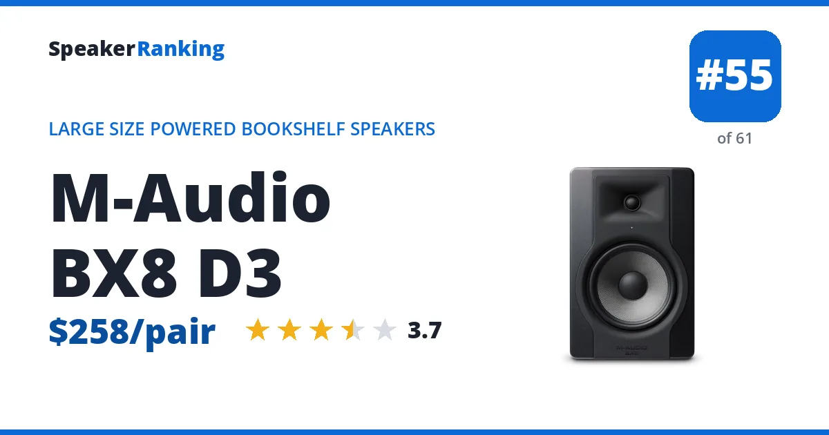 M-Audio BX8 D3 - ranked #55 of 61 Large Size Powered Bookshelf Speakers · Editor's rating 3.7/5