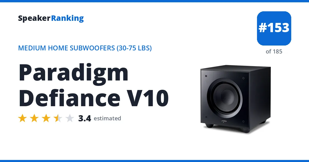 Paradigm Defiance V10 - ranked #153 of 185 Medium Home Subwoofers (30-75 lbs) · Editor's rating 3.4/5
