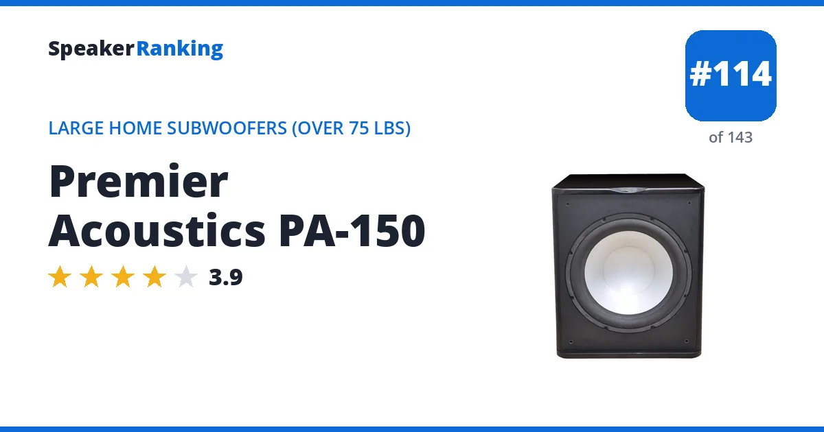 Premier Acoustics PA-150 · Editor's rating 3.9/5, ranked #114 of 143 Large Home Subwoofers (Over 75 lbs)