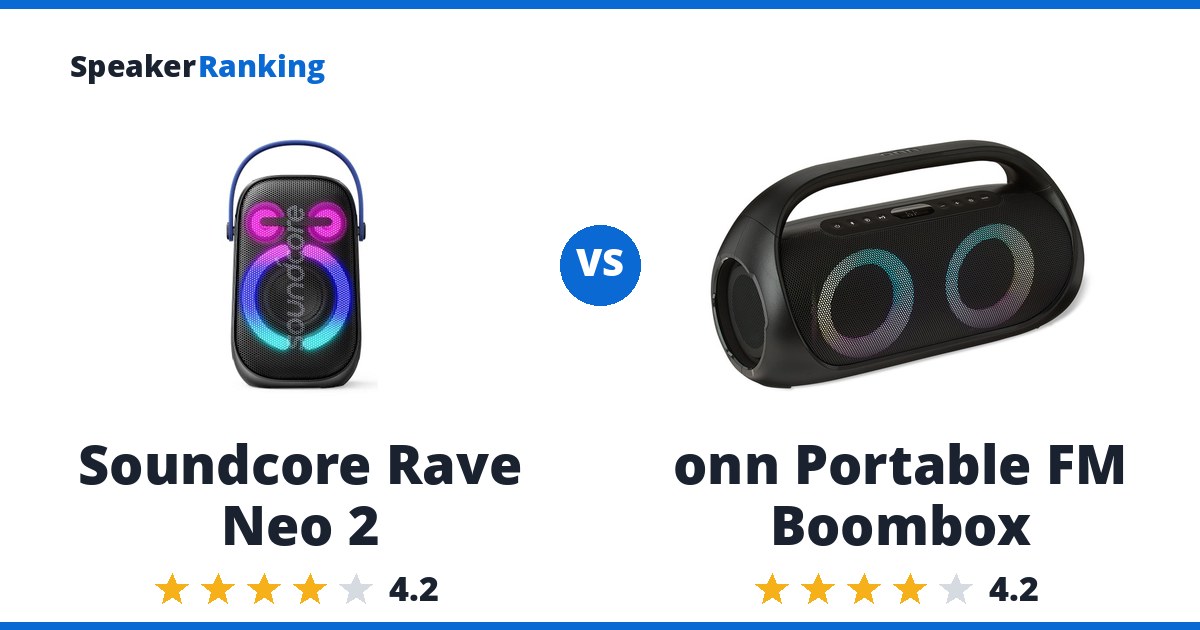 Soundcore Rave Neo 2 vs onn Portable FM Boombox